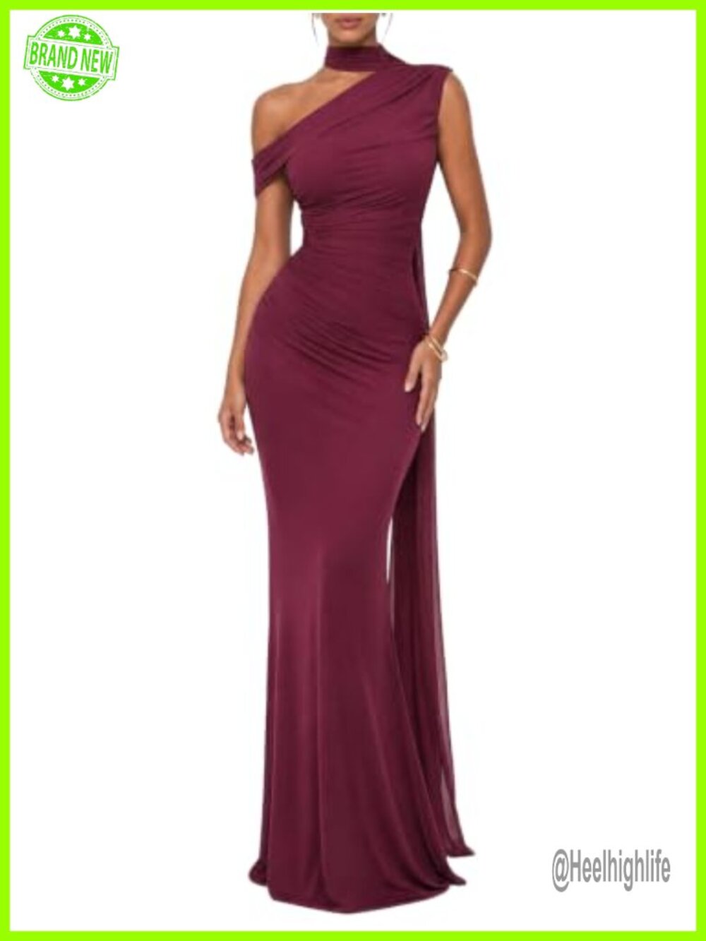 One Shoulder Mesh Ruched Formal Maxi Dress Built-In Cups